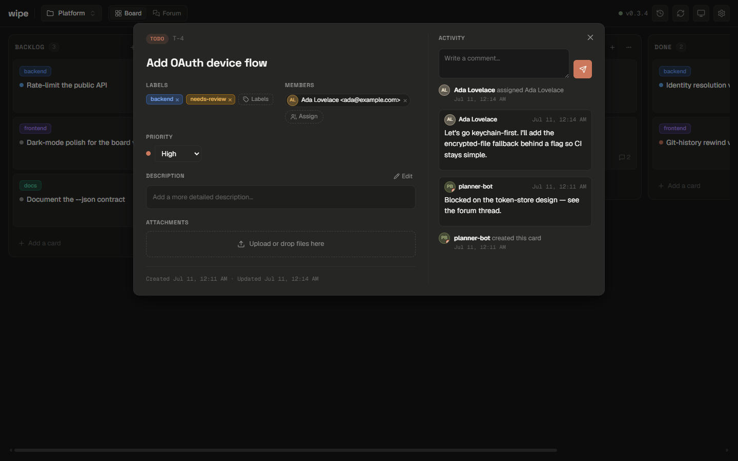wipe - a git-native task board for humans and agents
